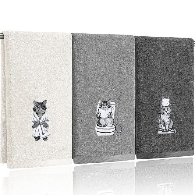 Hillsuren 3 Pcs Cat Bathroom Hand Towels Set Cute Black Cat Embroidered Decorative Funny Kitchen Towels 100% Cotton Embroidery Farmhouse Decor for Bathroom Kitchen 13.3 x 29.5''