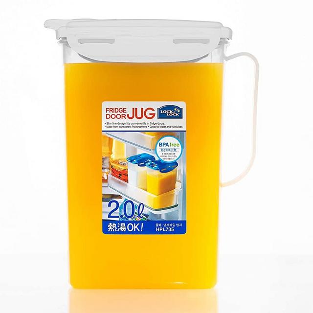 LOCK & LOCK Aqua Fridge Door Water Jug with Handle BPA Free Plastic Pitcher with Flip Top Lid Perfect for Making Teas and Juices, 2 liters, White