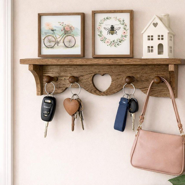 Handmade Oak Wall Shelf with Heart Cutout – Rustic Farmhouse Key & Mug Holder