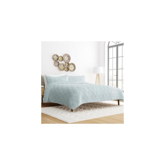 Quilted Coverlet and Shams Set - Becky Cameron, Damask / Pale Blue, King/California King