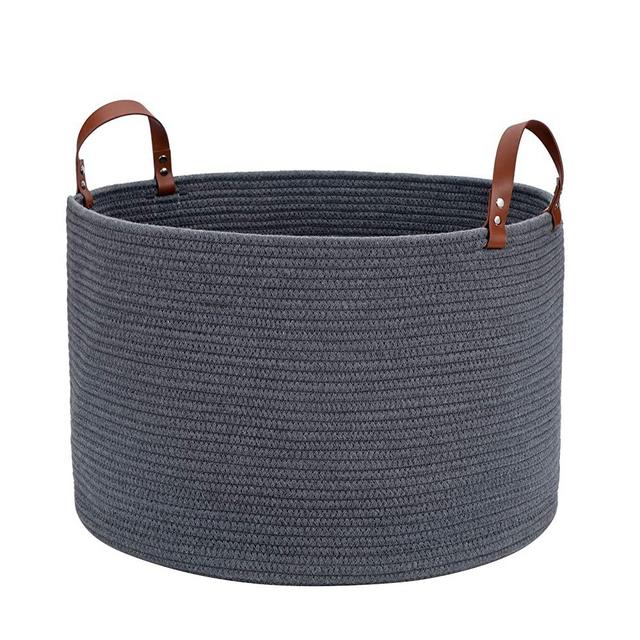 Large Baskets for Storage Cotton Rope Basket Laundry Hamper- Hombins Woven Toy Bin Blanket Holder XXL Grey Collapsible Laundry Basket with Leather Handle, 20"X20"X13"