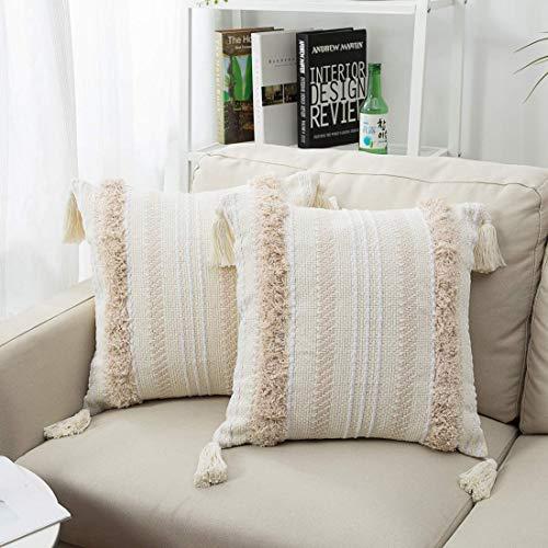 blue page Set of 2 Boho Neutral Decorative Throw Pillow Cover 18X18 inch, Woven Tufted Couch Pillow Set, Accent Cream Pillow Cases for Indoor Outdoor, Square Tassel Pillow Covers