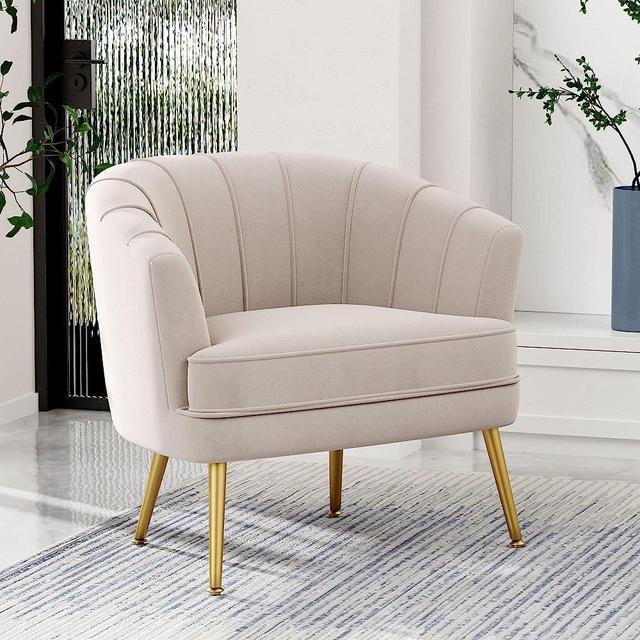 Andeworld Velvet Accent Chair, Upholstered Modern Single Sofa Side Chair,Comfy Barrel Club Living Room Armchair with Golden Metal Legs for Bedroom Living Reading Room Office, Beige