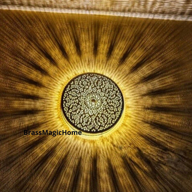 Moroccan Wall Light,Hand‑engraved Moroccan Brass Wall Sconce – Round Cut‑out Metal Light Fixture, wall sconce lamp, Boho Ambient Decor