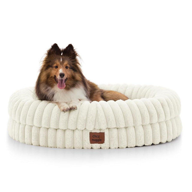 ChiXnuggle Dog Bed Medium Sized Dog - Luxury Striped Faux Fur Waterproof Pet Couch with Removable Washable Cover, Orthopedic Pet Bed with Bolster Sides for Sleeping, Cream