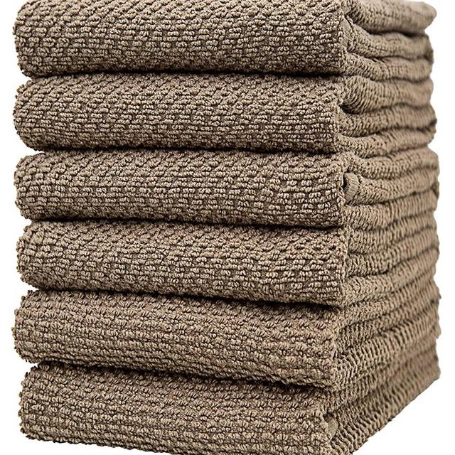 Premium Kitchen Towels - Large Cotton Kitchen Hand Towels - 6 Pack - Ribbed (16" x 26") and Popcorn (16" x 28") Design - 430 GSM Highly Absorbent Tea Towels Set with Hanging Loop (Tan, Popcorn)