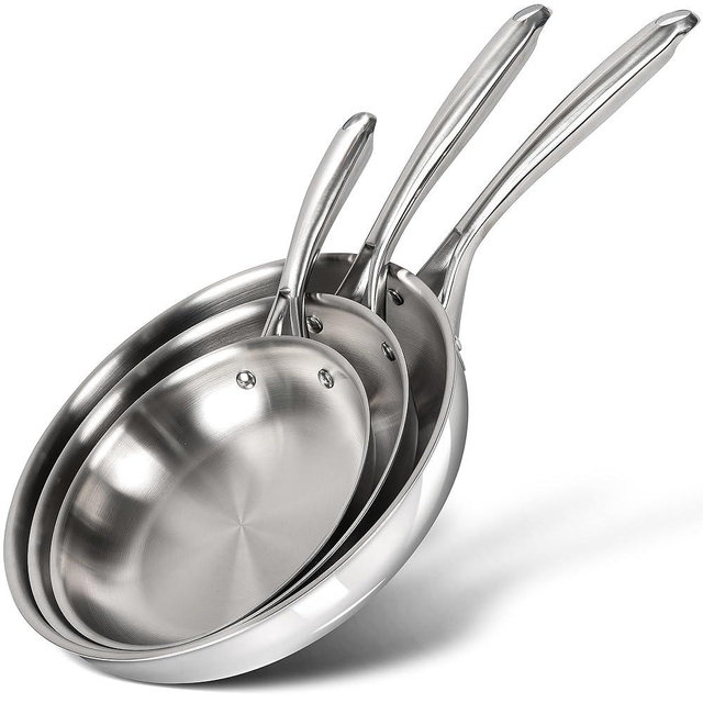 MICHELANGELO Tri-Ply Stainless Steel Frying Pan Set, 8" 9.5" 11" Skillets, Full Clad Stainless Steel Pans for Even Heating, Durable Cooking Pan Set for Home Chefs & Everyday Cooking