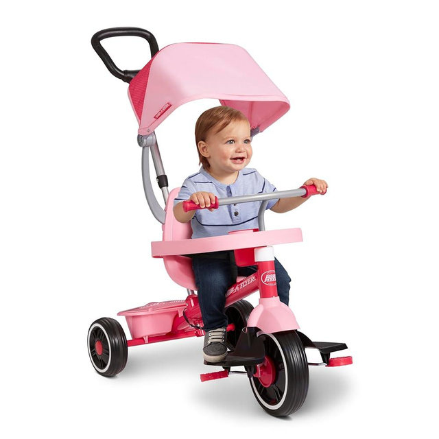 Radio Flyer 4-in-1 Pedal & Push Stroll 'N Trike, Ages 1-5, Toddler Tricycle & Stroller, High-Density Foam Tires, Parent Push Handle, UV Canopy, Removable Tray, Headrest & Seatbelt, Stroller Tricycle
