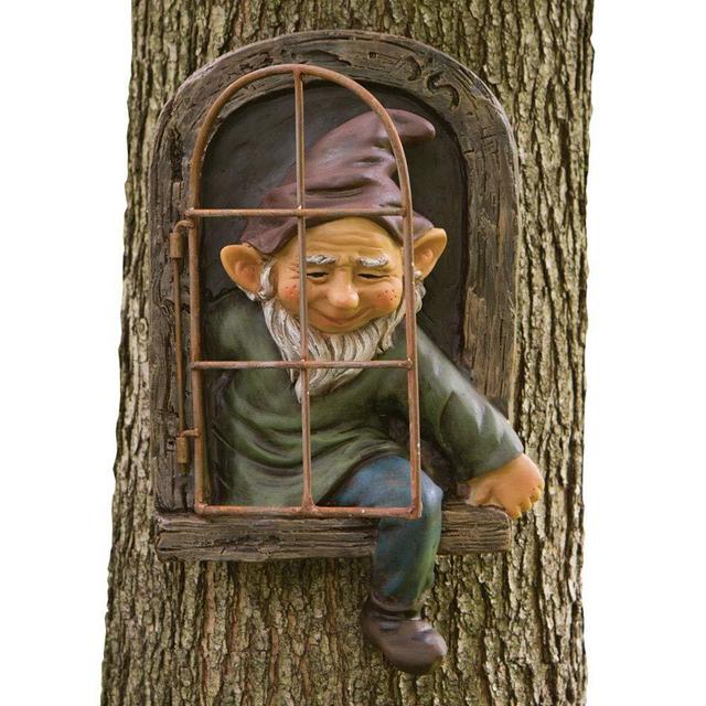 Bits and Pieces - 12 inch Elf Out The Door Tree Hugger - Garden Peeker Yard Art - Whimsical Tree Sculpture Garden Decoration