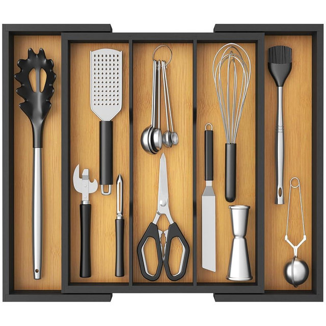 Lifewit Utensil Organizer for Kitchen Drawer, Bamboo Cooking Utensil Tray, Expandable Cutlery Silverware Flatware Holder, Adjustable Spatula Tools Gadgets Storage Divider, Large, Natural and Black