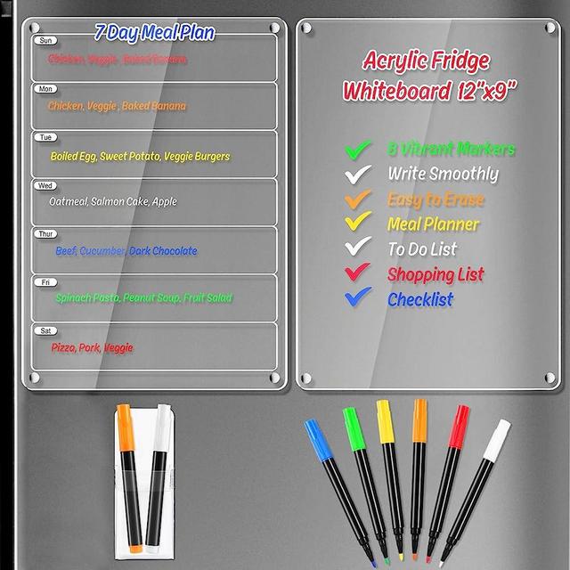 Acrylic Meal Planner Magnetic Whiteboard for French Fridge Dry Erase Board Clear Menu Board for Kitchen Noteboard w/ 6 Markers, Refrigerator to Do List, 12x9’’, 2 Boards (Weekly Planner + Blank Memo)