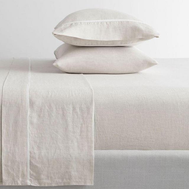 Belgian Linen Contrast Flange Sheet Set, Queen, Natural/White