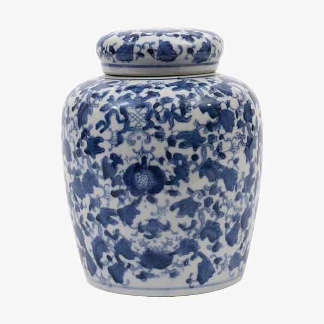 Ceramic Blue & White Jar With Lid, 8"H