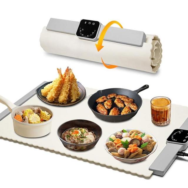 Food Warmer Mat, Electric Portable Silicone Warming Plate, Roll Up Heating Tray for Food, 5 Heat Levels, 24x15.7, (White)