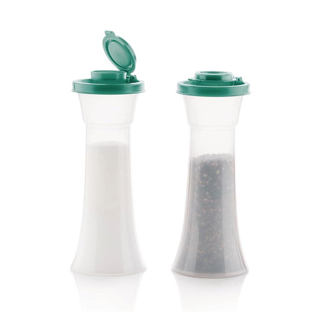 Tupperware Hourglass Salt and Pepper 2-Shaker Set in Green, Liquid Tight Lids, BPA-Free, Dishwasher Safe