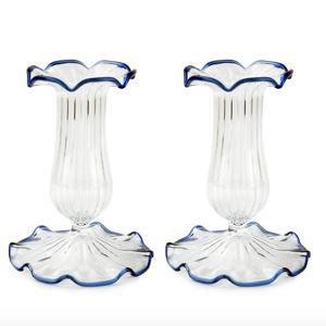 Set-Of-Two Small Scalloped Glass Candle Sticks | Blue