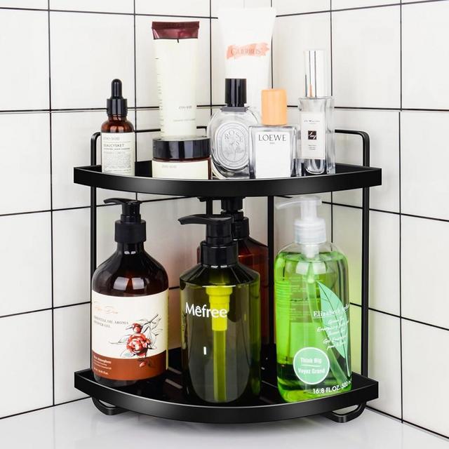 Niluks Corner Bathroom Counter Organizer, Metal Bathroom Counter Shelf, 2 Tier Corner Countertop Organizer for Vanity, Cosmetic Skincare Dresser Corner Shelf for Countertop (Black)