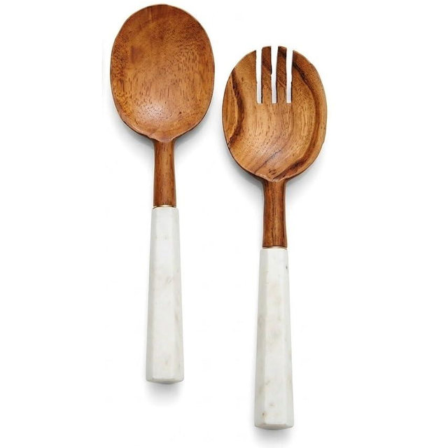 Handcrafted Wooden Salad Server Set with Real Marble Handles – Non-Scratch Large Wood Serving Utensils, Spoons & Forks for Tossed Salad, Pasta Dishes, and Kitchen Decor