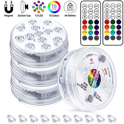 LOFTEK Submersible LED Lights with Remote RF,Magnets, Suction Cups, 13 LED Waterproof Underwater Led Lights 164FT Depth,RGB Multi-Color Pool Lights Battery Operated Pond Lights In Ground, 4 Packs