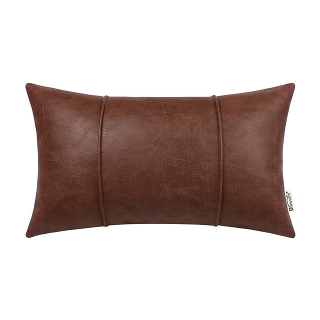 BRAWARM Dark Brown Leather Throw Pillow Covers 12 X 20 Inches - Faux Leather Lumbar Pillow Cover with Piping, Hand Stitched Leather Throw Pillow for Couch Sofa Bed Living Room Home Decorative