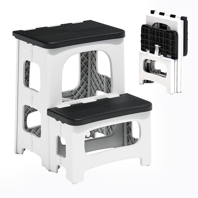 2 Step Stool Foldable, Non-Slip Steps, Folding Step Stool for Adults & Kids, Plastic Stool Pool Ladder, Collapsible Stools 2 Step Ladder for Kitchen Toilet Bedroom Office RV, Holds 330 lbs