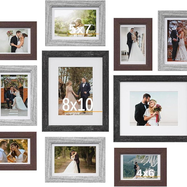 Povrgive 10 Pack Picture Frames Collage Wall Decor, Gallery Wall Frame Set with Mat for Wall Mounting or Tabletop Display, Including Two 8x10, Four 5x7, Four 4x6 Family Photo Frames, Black Gray Brown