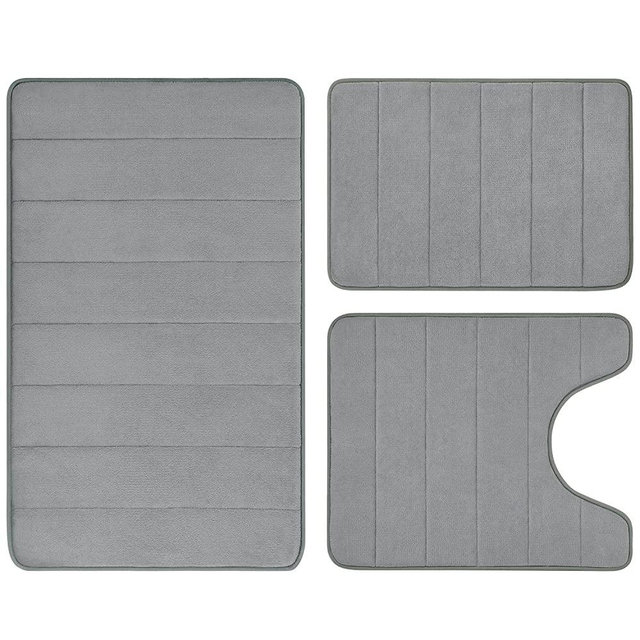 BYSURE Grey Memory Foam Bathroom Rug Set 3 Piece Non Slip Extra Absorbent Shaggy Bathroom Mats and Rugs Sets, Soft & Dry Bath Mat Sets for Bathroom Washable Carpets Set