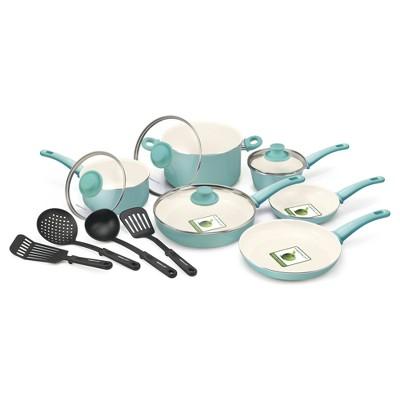 GreenLife 14pc Soft Grip Ceramic Non-Stick Cookware Set Turquoise