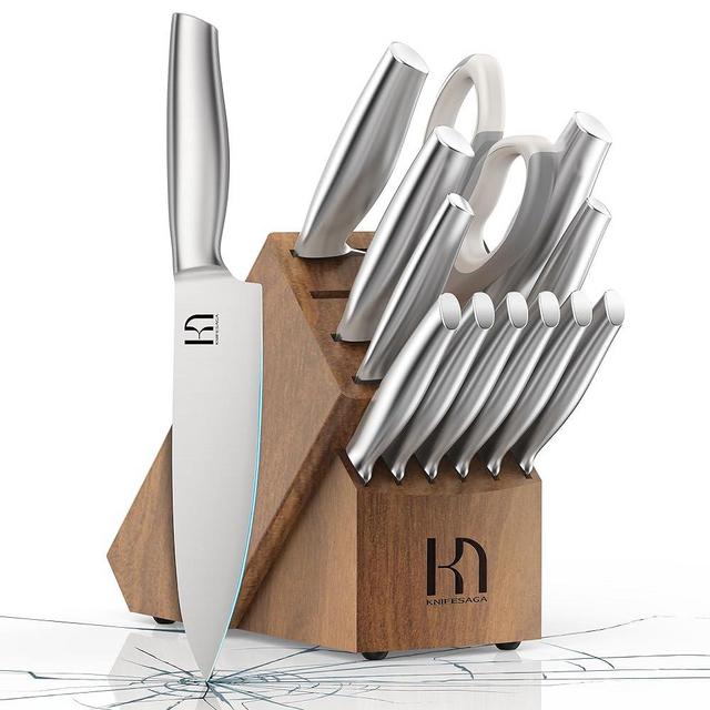 KnifeSaga 2024 Upgraded Knife Set 14 Piece Premium Japanese High Carbon Stainless Steel Kitchen Knife Block Sets with Built-in Sharpener, Razor Sharp Knives Set for Kitchen, Angled Acacia Wood Block
