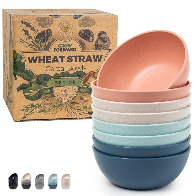 Grow Forward Premium Wheat Straw Cereal Bowls - 27oz Reusable Plastic Bowls Set of 8 - Unbreakable BPA-Free Dishwasher & Microwave Safe Soup Bowls for Kitchen, Camping, RV - Tropical
