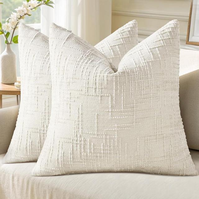 decorUhome Fall Cream White Chenille Throw Pillow Covers 18x18 Set of 2 Thick Textured Slubby Couch Pillow Covers Farmhouse Accent Modern Neutral Decorative Pillow Cases for Bed Sofa Living Room