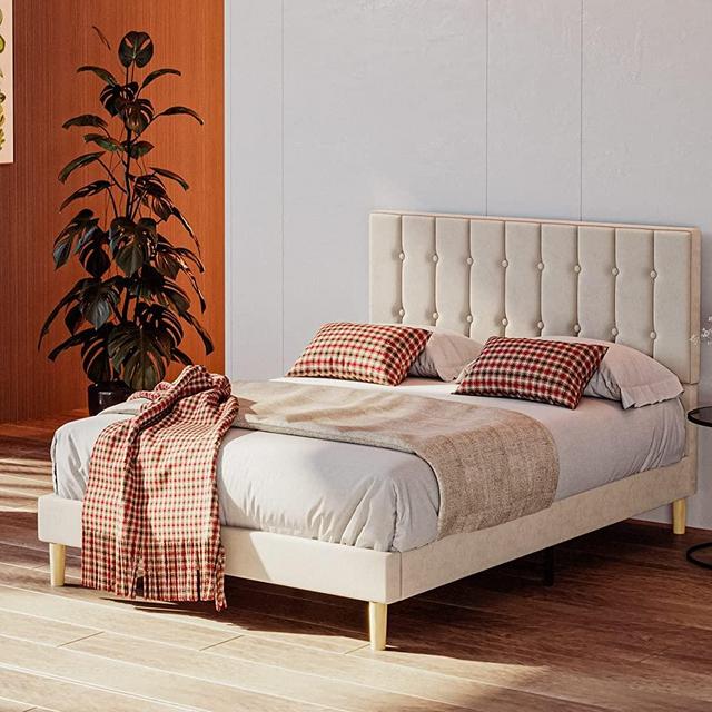 LIKIMIO Full Bed Frame with Headboard, Velvet Upholstered Platform Beds Full with Strong Wooden Slats/Mattress Foundation/Easy Assembly, Beige