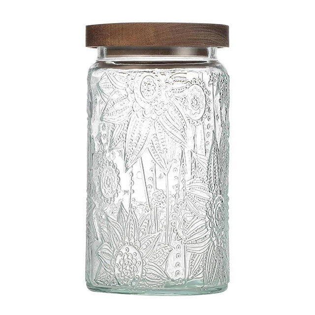 34 OZ Airtight Glass Storage Jar with Bamboo Lid - Vintage Glass Jar Vintage Food Containers Canisters Set for Kitchen Counter & Pantry - Ideal for Sugar, Flour, Coffee, Tea, Candy, Oats, Cereal