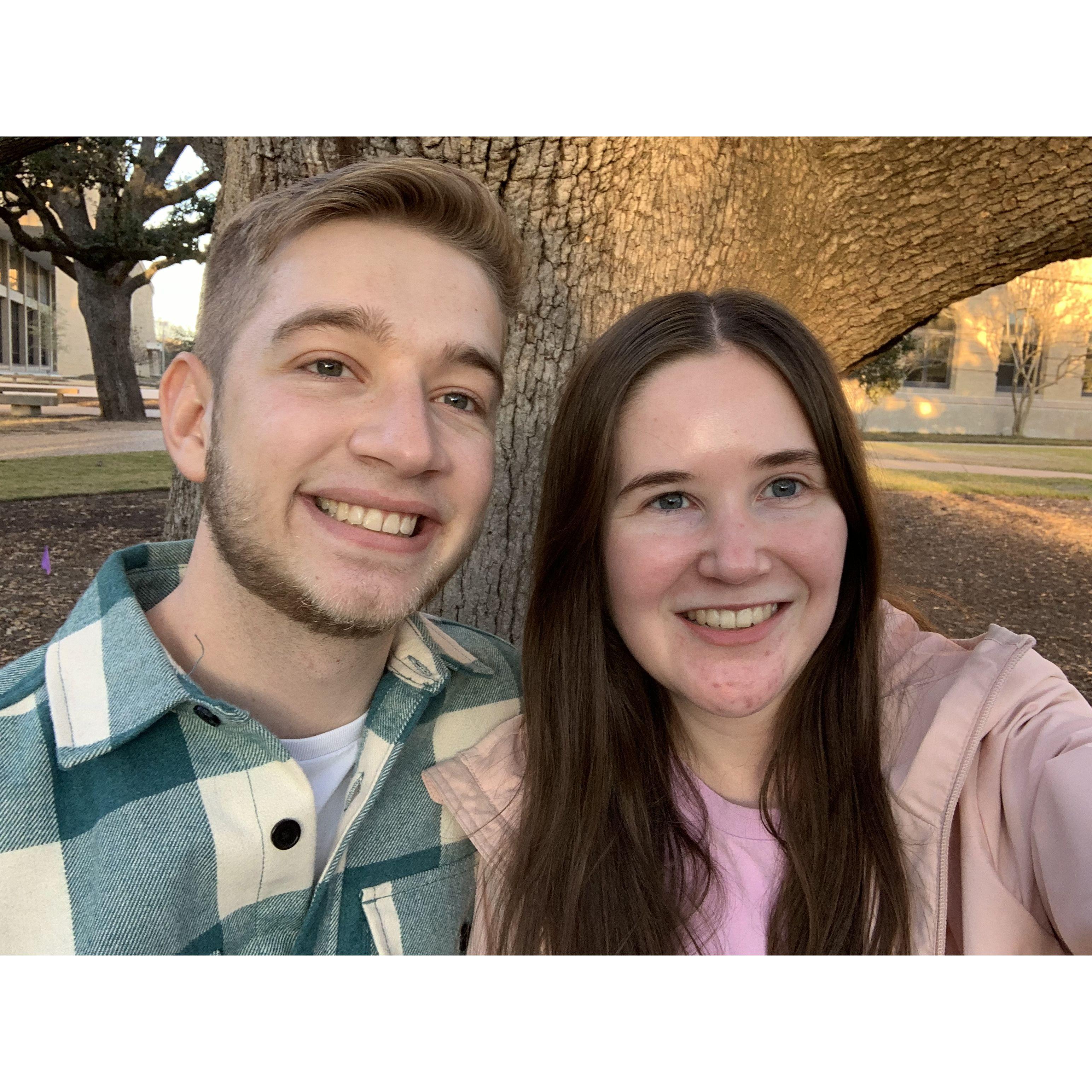 A selfie from the first time we walked under the Century Tree together (a hundred-year-old tree on our college campus- legend says if you walk under it with someone, you will be together forever!)