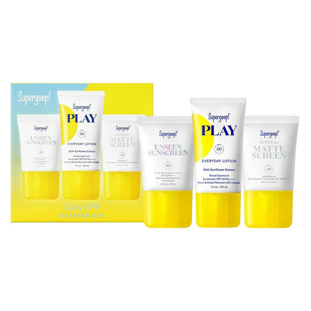 Supergoop! Daily SPF Starter - Includes 3 Travel-Sized SPF Favorites: Unseen Sunscreen SPF 40, Mineral Mattescreen SPF 40, and PLAY Everyday Lotion SPF 50 - Non-Comedogenic