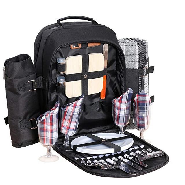 Picnic Backpack for 4 | Picnic Basket | Stylish All-in-One Portable Picnic Bag with Complete Cutlery Set, Stainless Steel S/P Shakers | Picnic Blanket Waterproof Extra Large| Cooler Bag for Camping