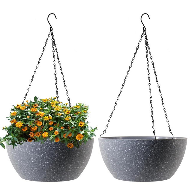 WSMKSZ 10 inch Hanging Planters for Outdoor Indoor Plants with Drainage Holes and Chain, 2 Pack Round Hanging Flower Plant Pots for Garden Home Porch Decor, Speckled Grey
