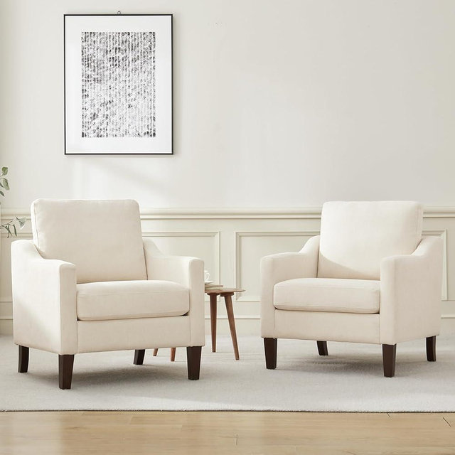VKNOW Mid Century Modern Accent Chairs Set of 2, Upholstered Living Room Chairs Armchair for Bedroom, Comfy Reading Accent Chairs with Wood Legs for Living Room, Beige