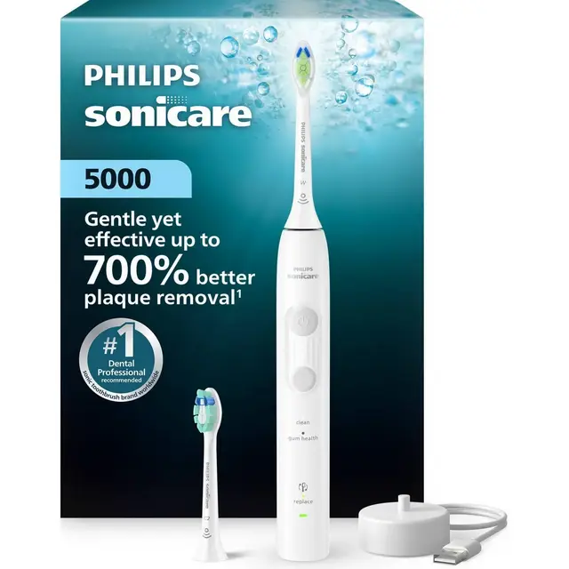 Philips Sonicare 5000 Rechargeable Electric Toothbrush with 2 Brush Heads - White