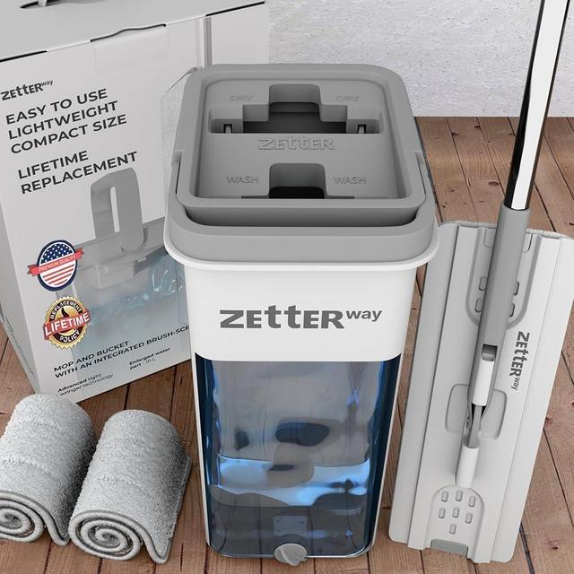 Zetterway Small Hardwood Floor Mop and Bucket Set, Mops for Floor Cleaning, Microfiber Mop and Bucket System for Home, Flat Squeeze Mop Bucket, Apartment Essentials, Cleaning Supplies, Wall Mop