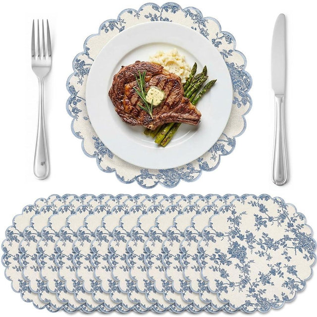 Gandeer Set of 12 Blue and White Cotton Placemats 15 Inch Round Scalloped Embroidery Placemats Washable Double Layered Rustic Table Mat Fabric Napkins for Wedding Table Decor