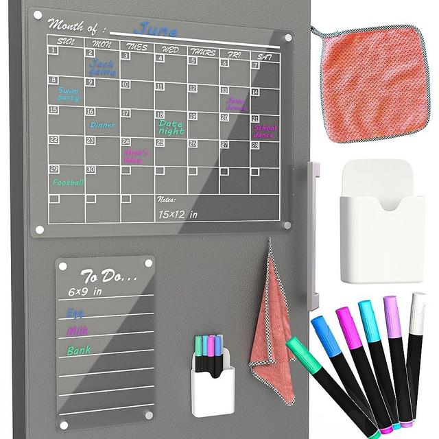 Magnetic Calendar for Fridge and Magnetic Board Bundle, Dry Erase Calendar 15" x 12" | Magnetic Dry Erase Board 6" x 9" | Acrylic Calendar for Fridge, Magnetic Fridge Calendar & Acrylic Board