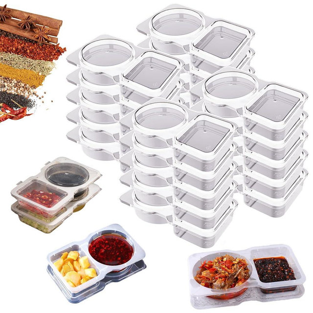 Upgrade Double Compartment Condiment Container, 2025 New Reusable Grab And Go Snack Containers with Lids, Clear Plastic Containers for Snacks Dips Takeout Travel and Outdoor Camping (10)