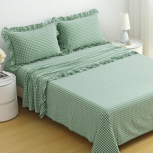 K MASANIJI Green White Plaid Ruffle Gingham Cotton Sheets Queen Size 4-Piece Set, 300TC 100% Yarn Dyed Cotton Sheets 18 in Deep Pocket Decorative Bedding (Green/White Plaid, Queen)