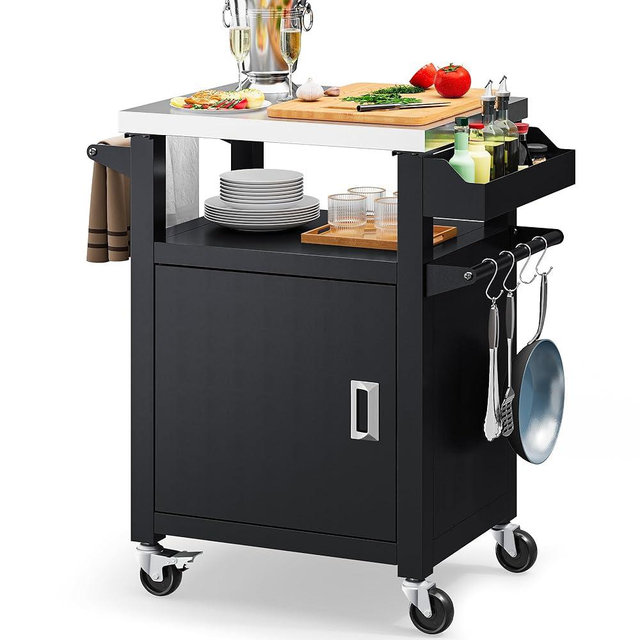 YITAHOME 25 Inch Outdoor Kitchen Rolling Bar Cart with Stainless Steel Top, Grill Table with Storage Cabinet for Patio, Kitchen Prep, Grilling Accessories, Black