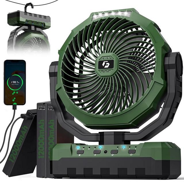 FRIZCOL 3-in-1 Camping Fan - Portable Fans Rechargeable - 36000mAh 9-Inch Battery Powered Fan(210Hrs) with Light & Remote for Indoor, Outdoor, Tent, Travel, BBQ, Fishing, Jobsite - Green