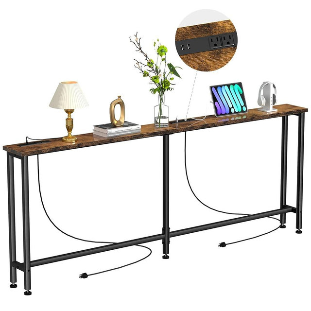 Keelian 90" Narrow Sofa Table - 2 Power Outlets & 4 USB Ports, Metal Frame,Perfect for Hallway, Office, and Behind Sofa - Easy Assembly, 4.9ft Extension Cord Included Rustic Brown