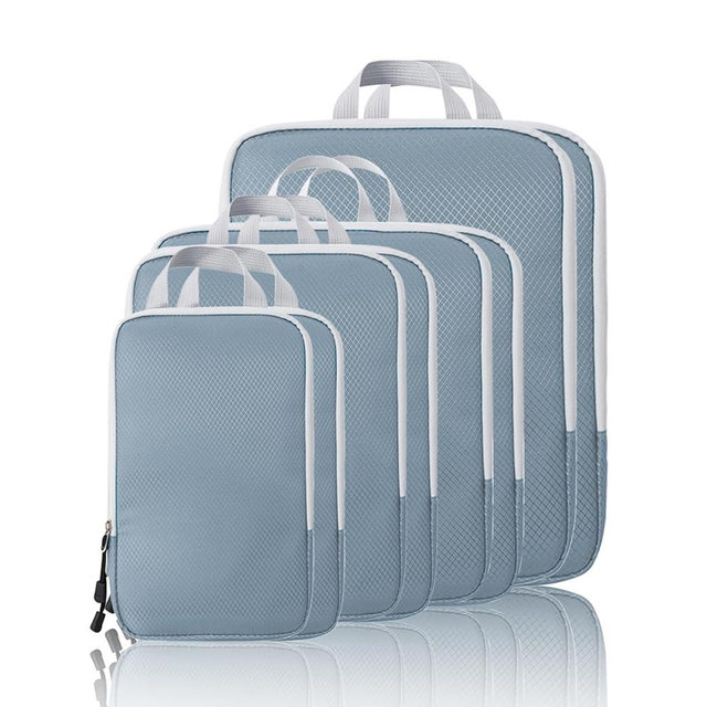 Compression Packing Cubes, 8 Set Packing Cubes for Travel Compression, Lightweight Compressible Package Organizer for Carry On and Suitcases, Lake Blue and Grey