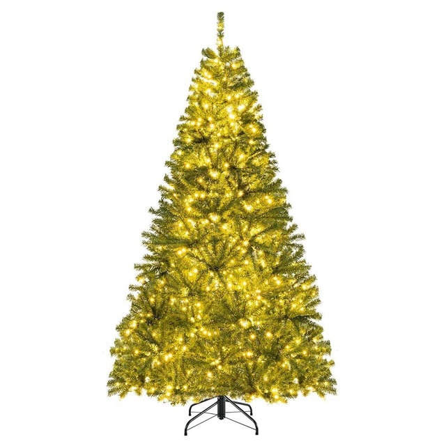 Goplus 7 FT Pre-Lit Artificial Christmas Tree, Remote Control Xmas Tree with 1000 Warm White LED Lights, 3 Modes, Timer, Hinges, 1098 Branch Tips, Foldable Metal Stand, Home Office Holiday Decoration