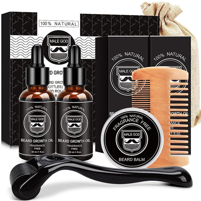 MALE GOD Beard Growth Kit - Beard Kit with Beard Growth Oil(2 Pack), Beard Massager, Beard Balm, Beard Comb, Beard Growth Products for Patchy Beard - Fathers Day - Gifts for Men Husband Boyfriend Dad